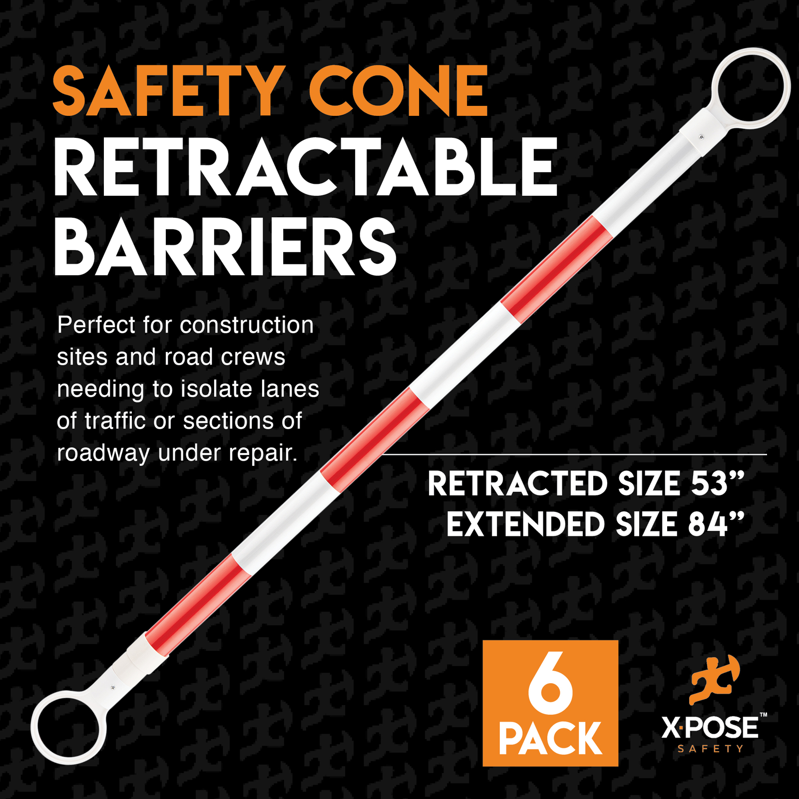 Orange and White Retractable Barrier for Traffic Cones – 2″ OD – 53-84″ 6 Pack