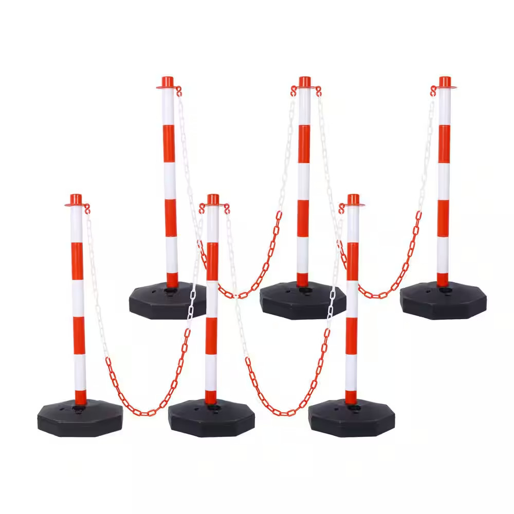 6-Pack White/Red Plastic Safety Barrier Post W/Fillable Base,5Ft Plastic Chain f