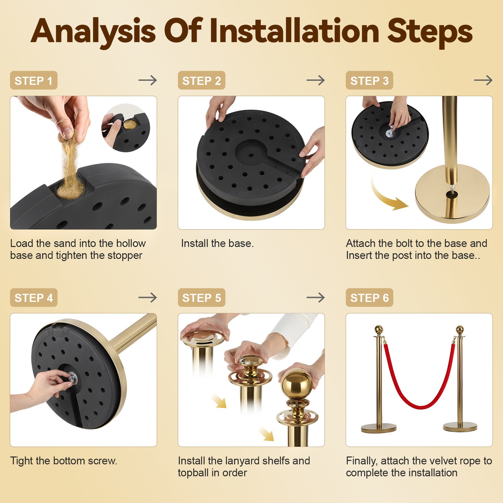 8Pcs Stanchion Post Queue Barrier Crowd Control Sand Base Gold with Velvet Ropes
