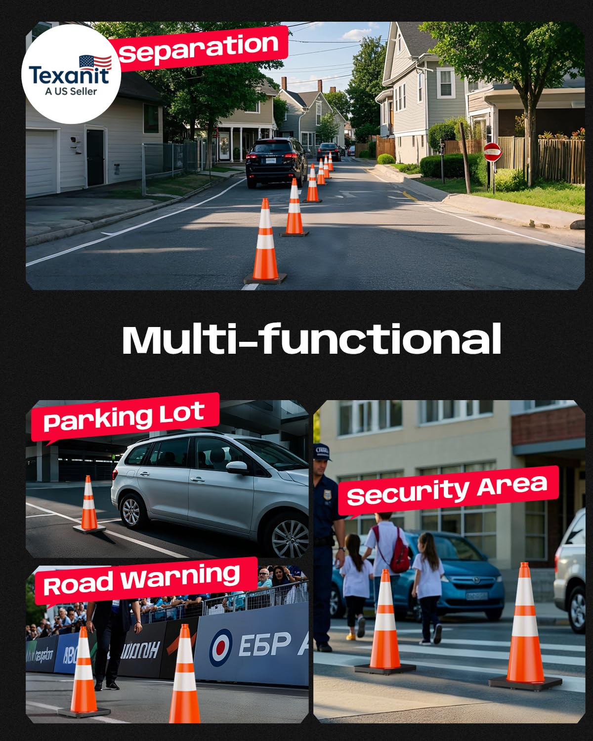28 Inch Traffic Cones with Black Weighted Base, PVC Orange Safety Cones for Traf