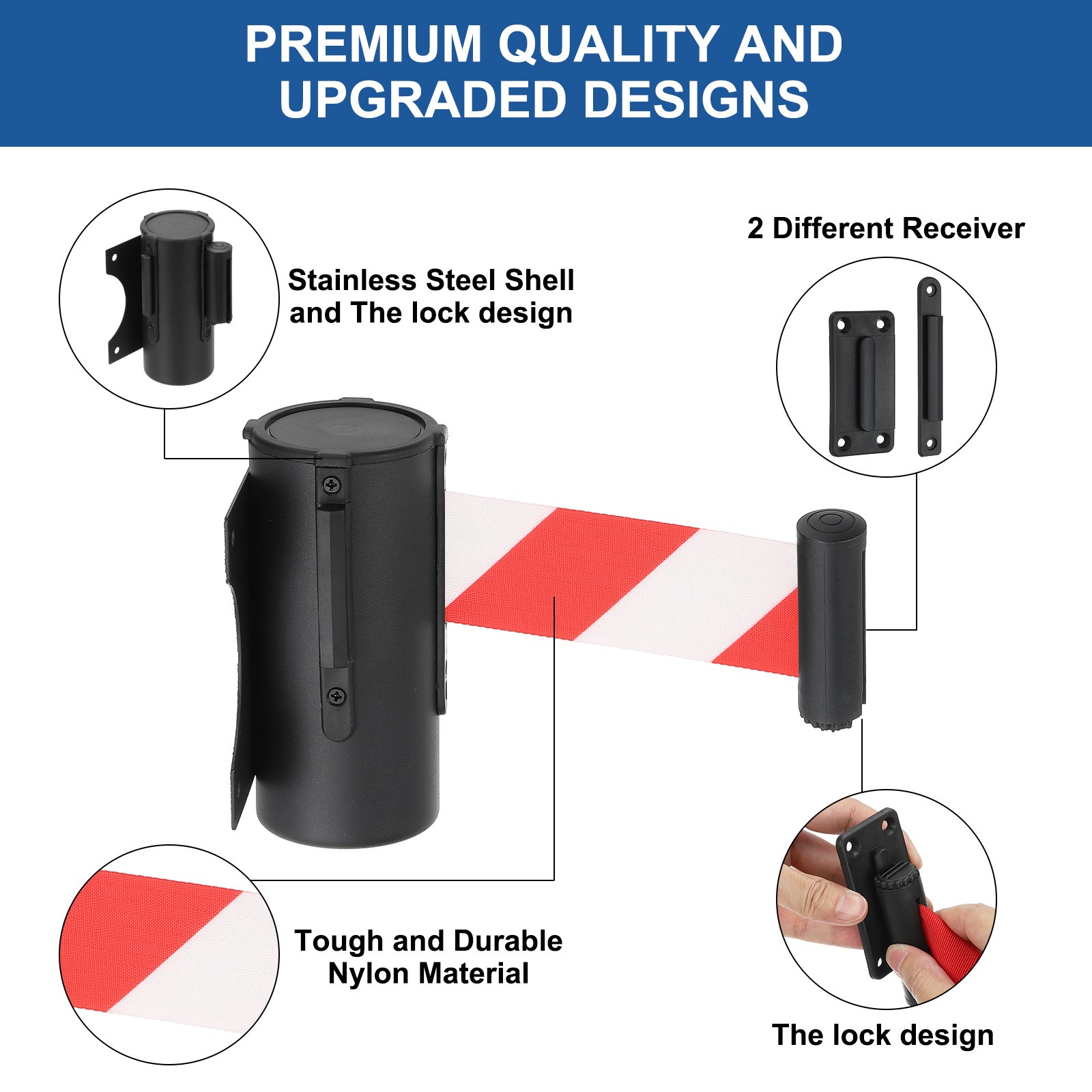 9.84 Feet Wall Mount Retractable Belt Barrier,Black/Red/White