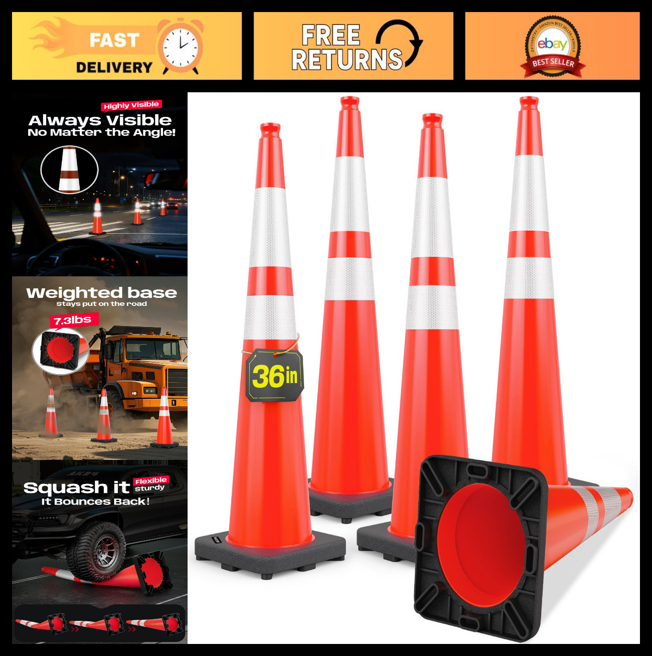 5 Pack 36″ Traffic Cones – Orange PVC Safety Cones with Reflective Collars & Wei