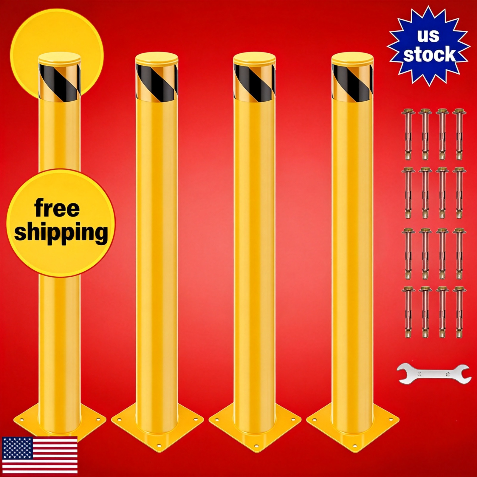 Safety Bollard, 4 Packs 36 Inch Height Bollard Post, 4.5 Inch Diameter, Yellow