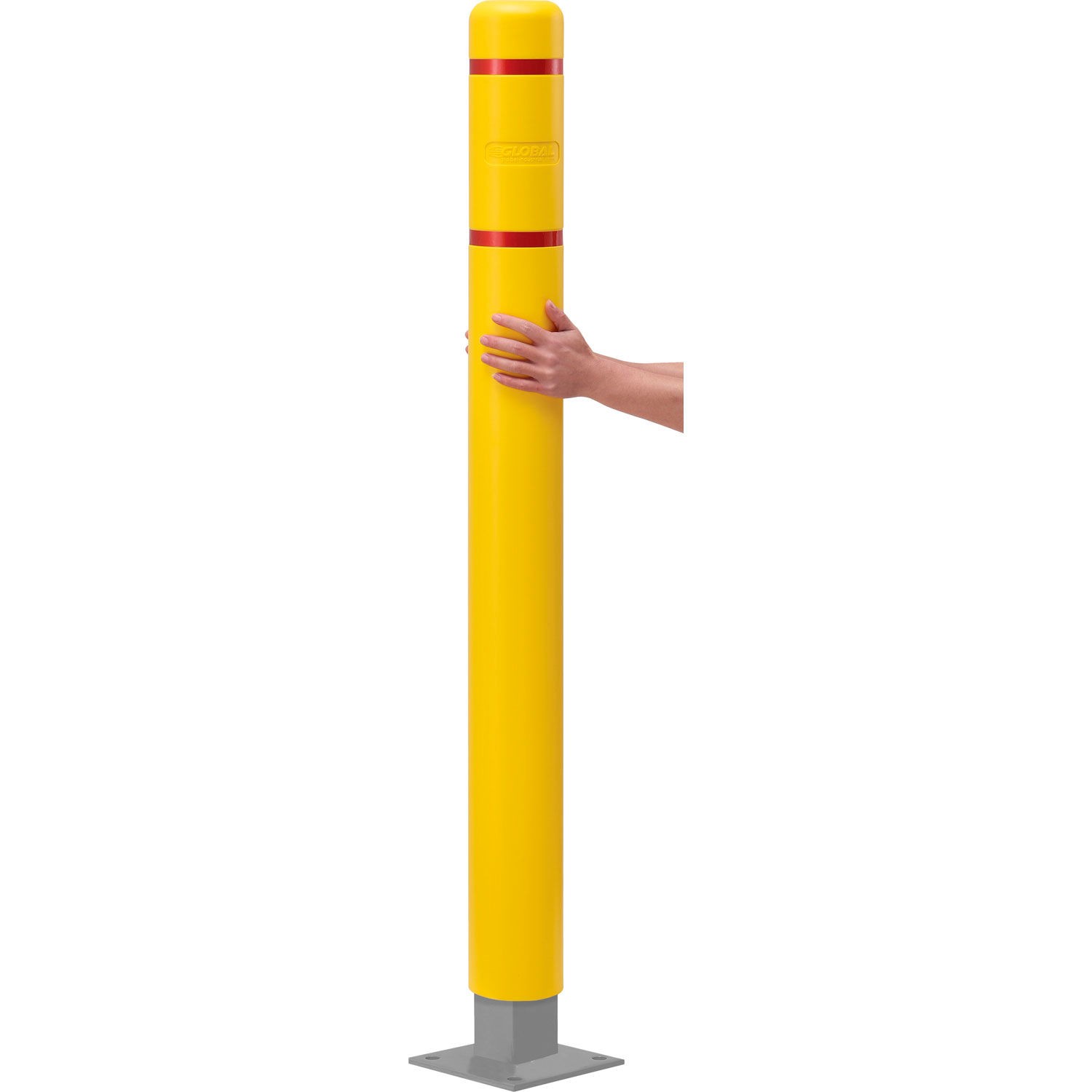 Global Industrial Bollard Post Sleeve 4″ D x 52″ H Yellow With Red Tape HDPE