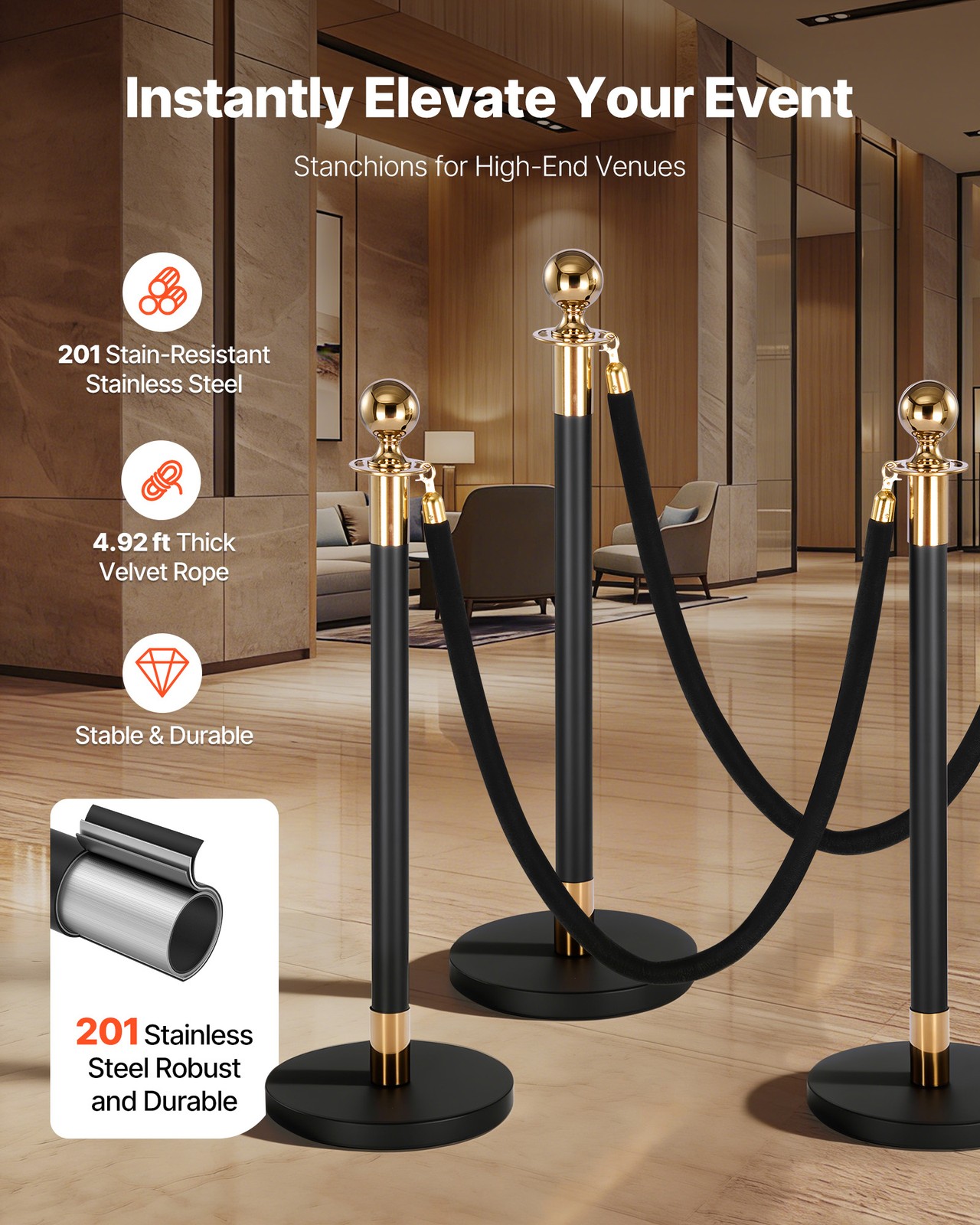 VEVOR 4 Pcs Stanchion Post with 2 Black Velvet Ropes and Hollow Base Black