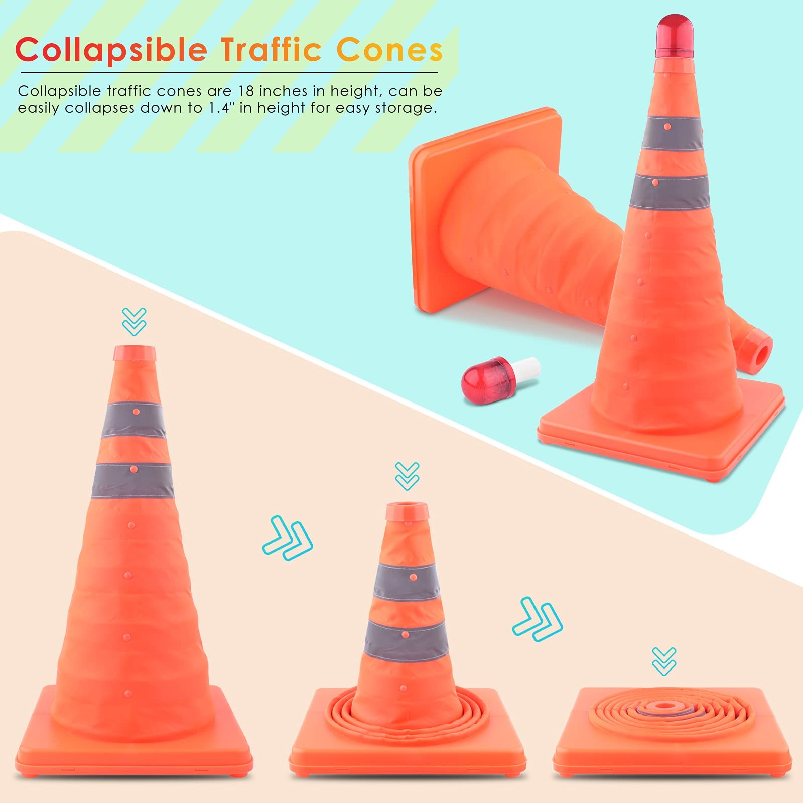4 Pack 18 inch Collapsible Traffic Cones with Bag, Safety Cones with 4 LED Sa…