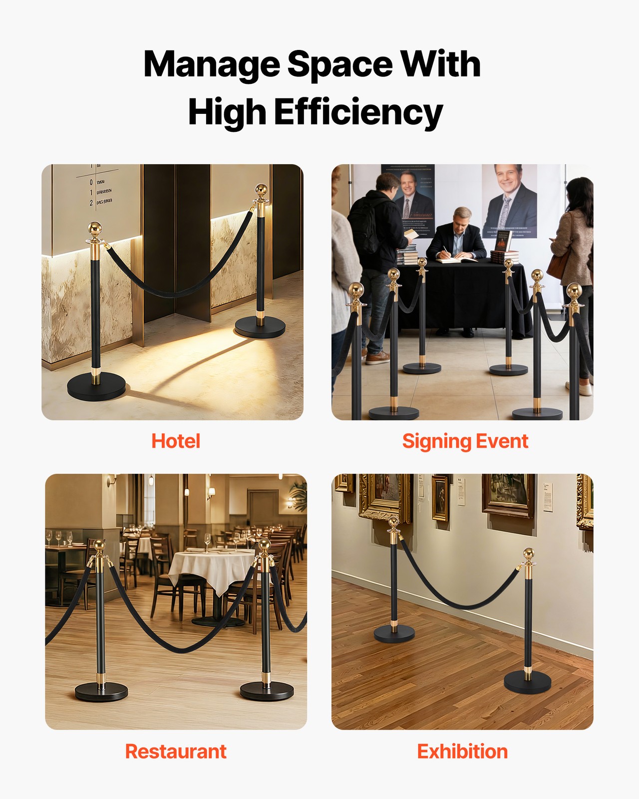 VEVOR 4 Pcs Stanchion Post with 2 Black Velvet Ropes and Hollow Base Black