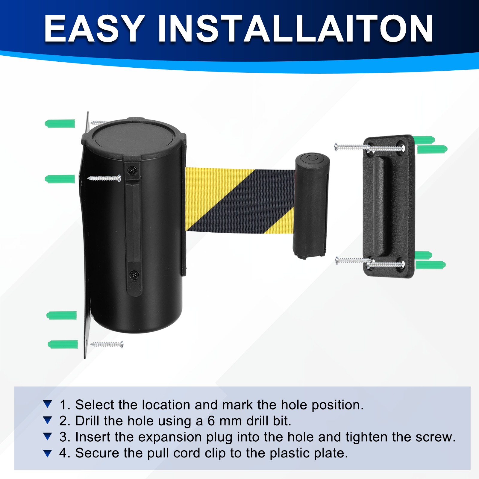 Fixed Wall Mount Retractable Belt Barriers (10 Feet, Black-Yellow) (1 Pcs)