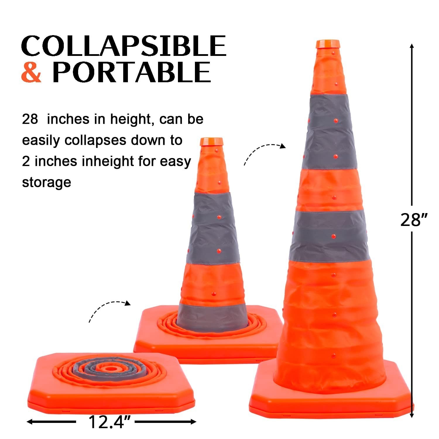 4 Pack 28 inch Collapsible Traffic Cones with LED Light, Safety Cones with Refle