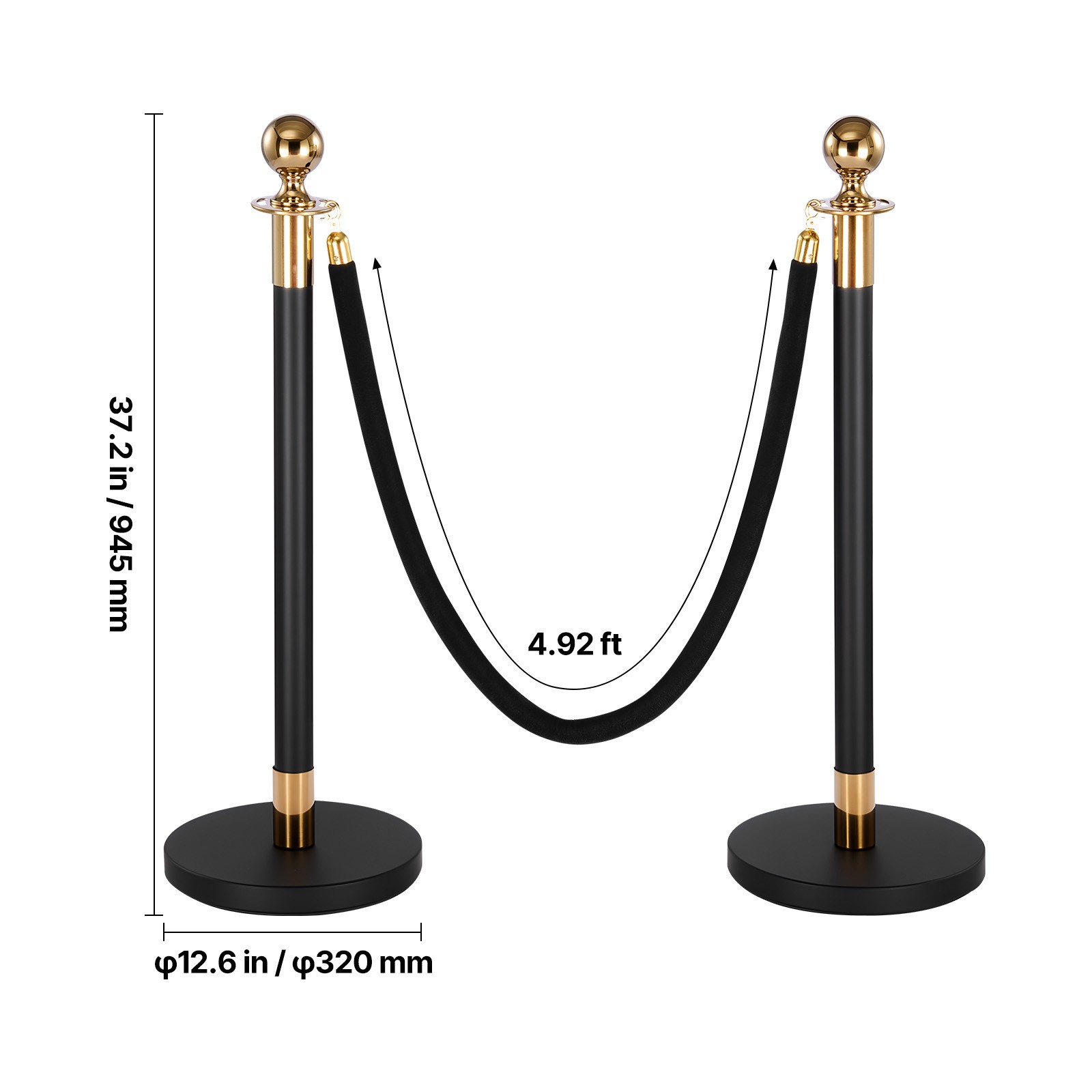 Uimoso 4-Piece Stanchion Set with 2 Black Velvet Ropes and Hollow Base in Black