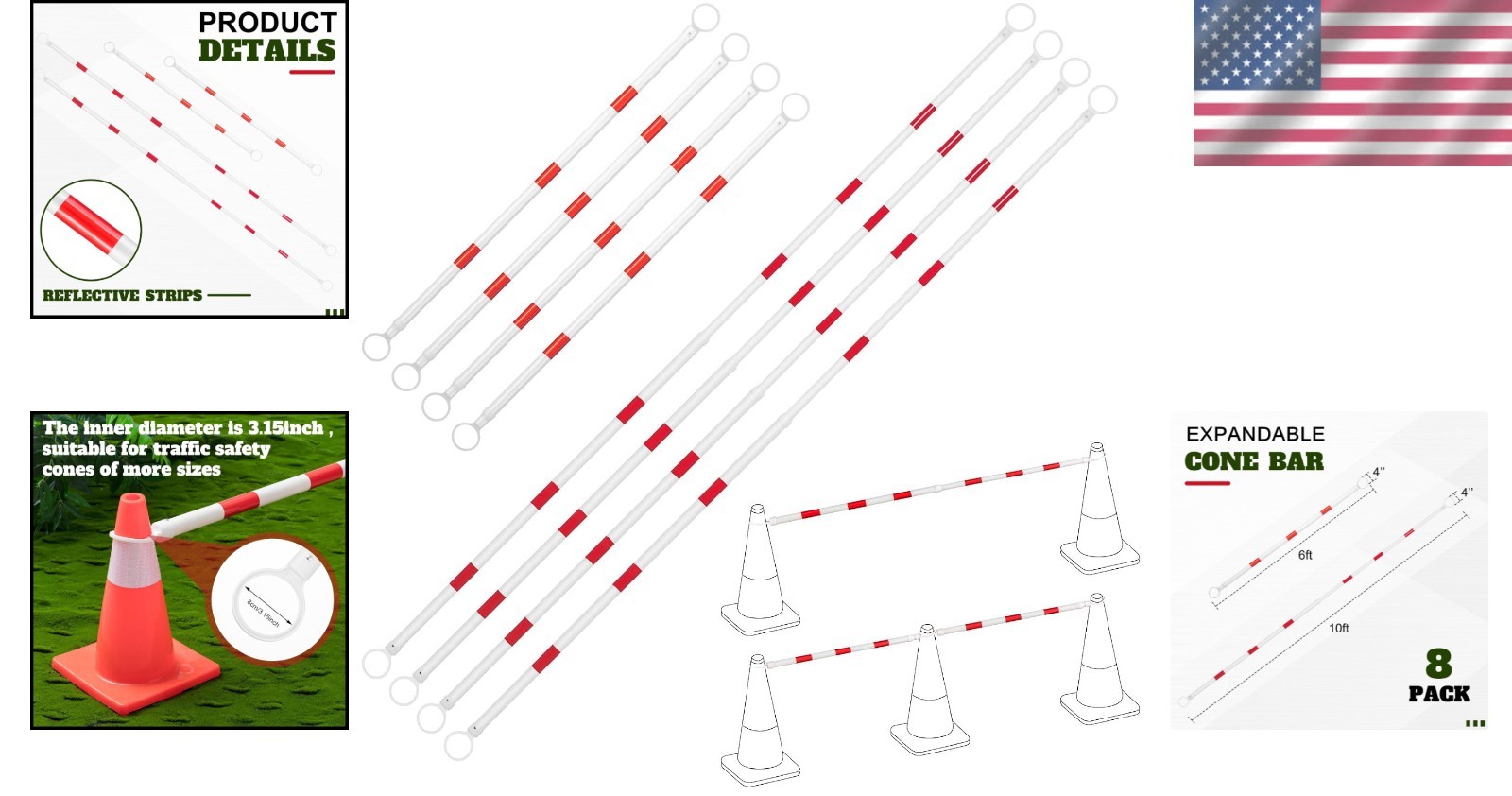 8 Pcs Retractable Traffic Safety Cone Bars, 6-10 Ft for High Visibility Safety